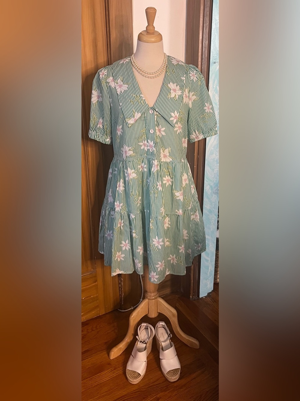 Entro Green and White Striped Floral Tiered Dress with Pink Accents